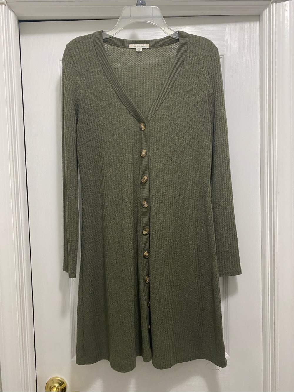 American Eagle Outfitters Olive Green Ribbed Button-Front Long Sleeve Dress
